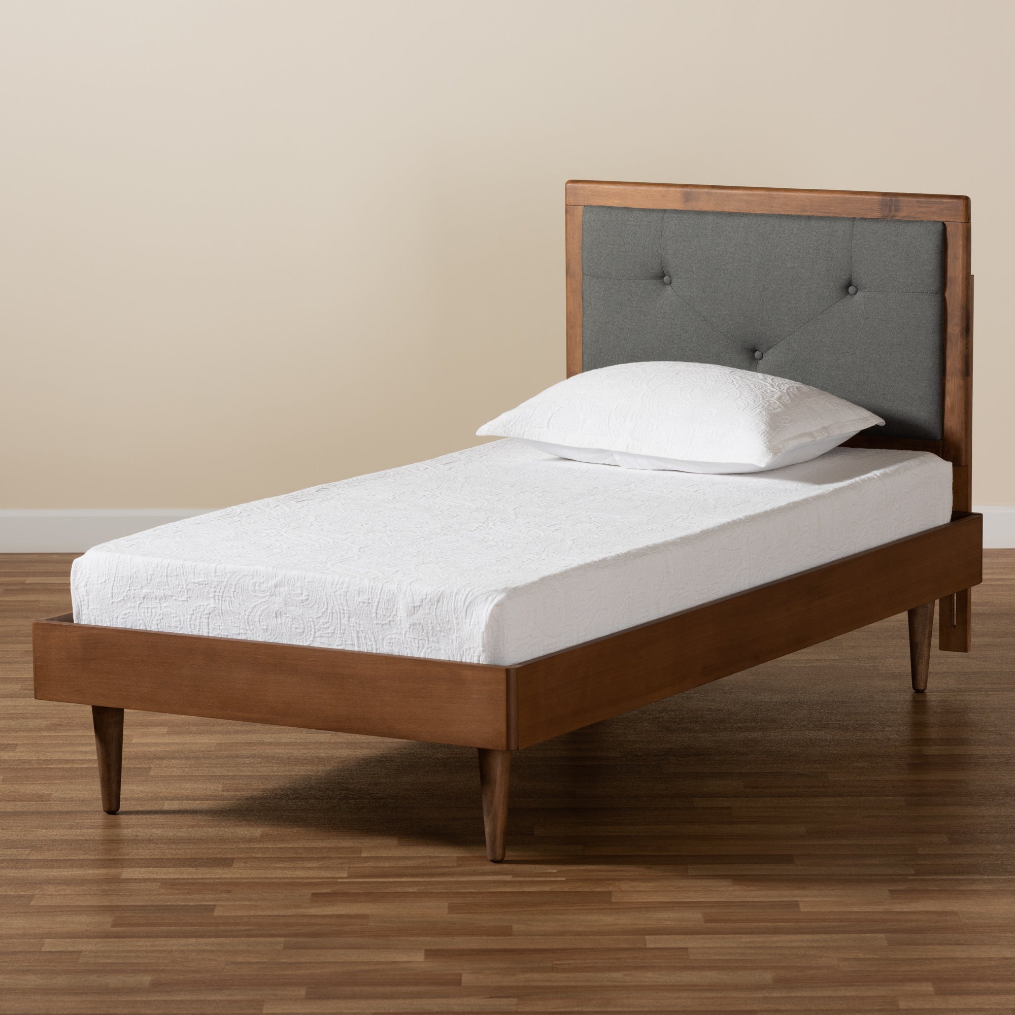 Saul Mid-Century Modern Dark Grey Fabric Upholstered and Walnut Brown Finished Wood Twin Size Platform Bed