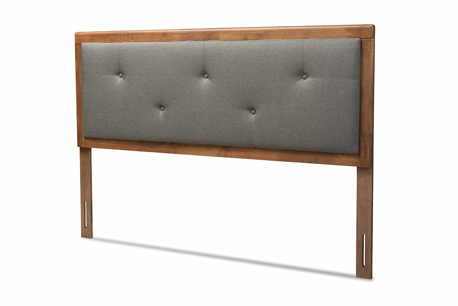 Abner Modern and Contemporary Transitional Dark Grey Fabric Upholstered and Walnut Brown Finished Wood Queen Size Headboard