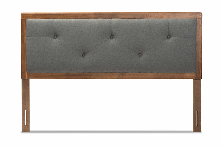 Abner Modern and Contemporary Transitional Dark Grey Fabric Upholstered and Walnut Brown Finished Wood King Size Headboard