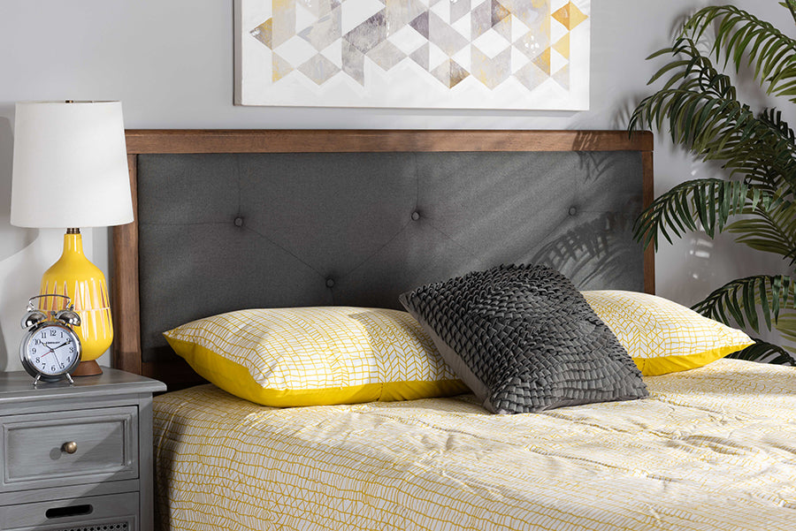 Abner Modern and Contemporary Transitional Dark Grey Fabric Upholstered and Walnut Brown Finished Wood King Size Headboard