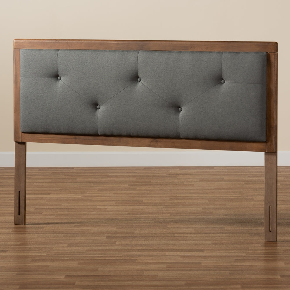 Abner Modern and Contemporary Transitional Dark Grey Fabric Upholstered and Walnut Brown Finished Wood King Size Headboard