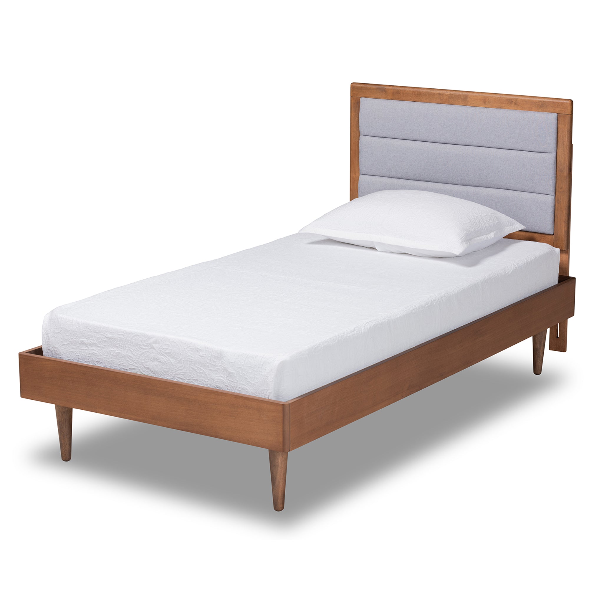 Seren Mid-Century Modern Light Grey Fabric Upholstered and Walnut Brown Finished Wood Twin Size Platform Bed