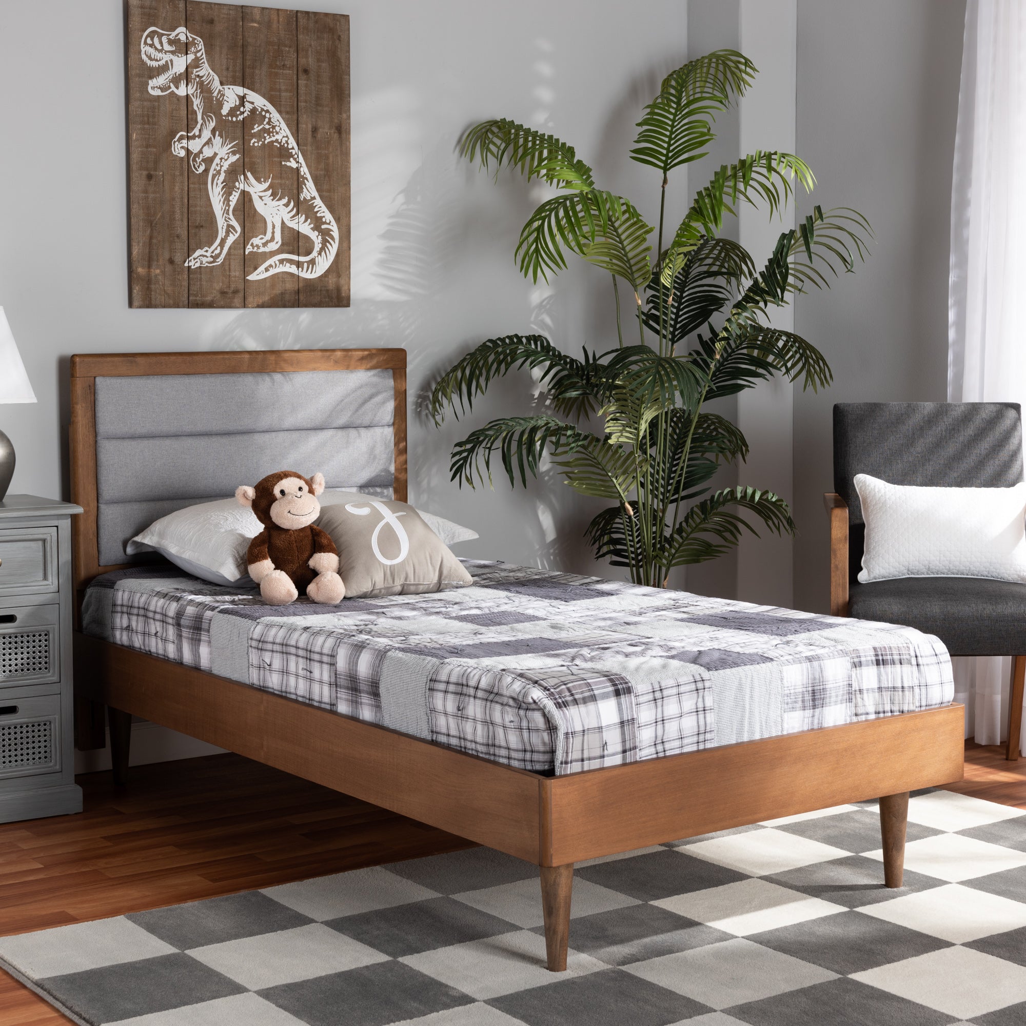 Seren Mid-Century Modern Light Grey Fabric Upholstered and Walnut Brown Finished Wood Twin Size Platform Bed