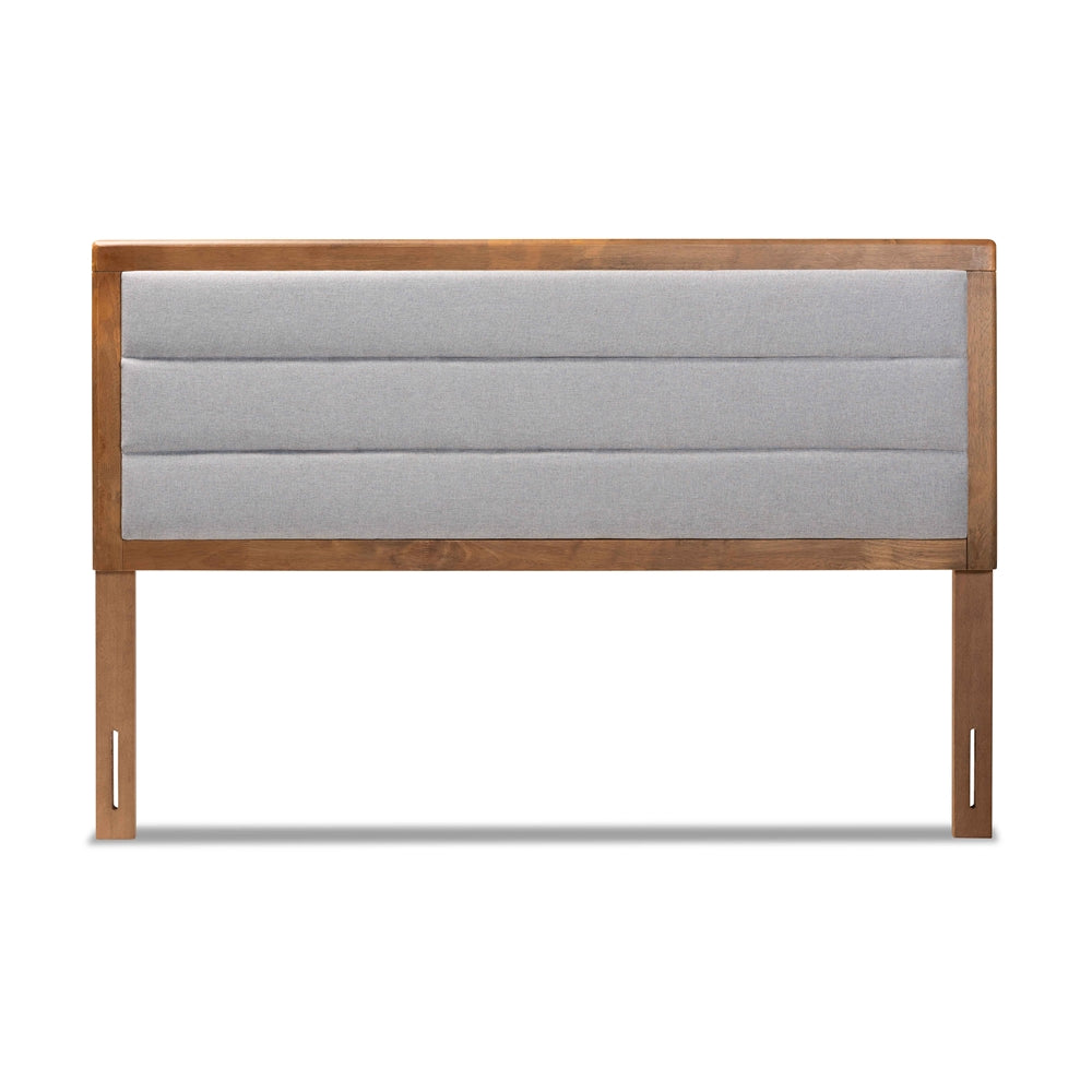 Dexter Modern and Contemporary Light Grey Fabric Upholstered and Walnut Brown Finished Wood King Size Headboard