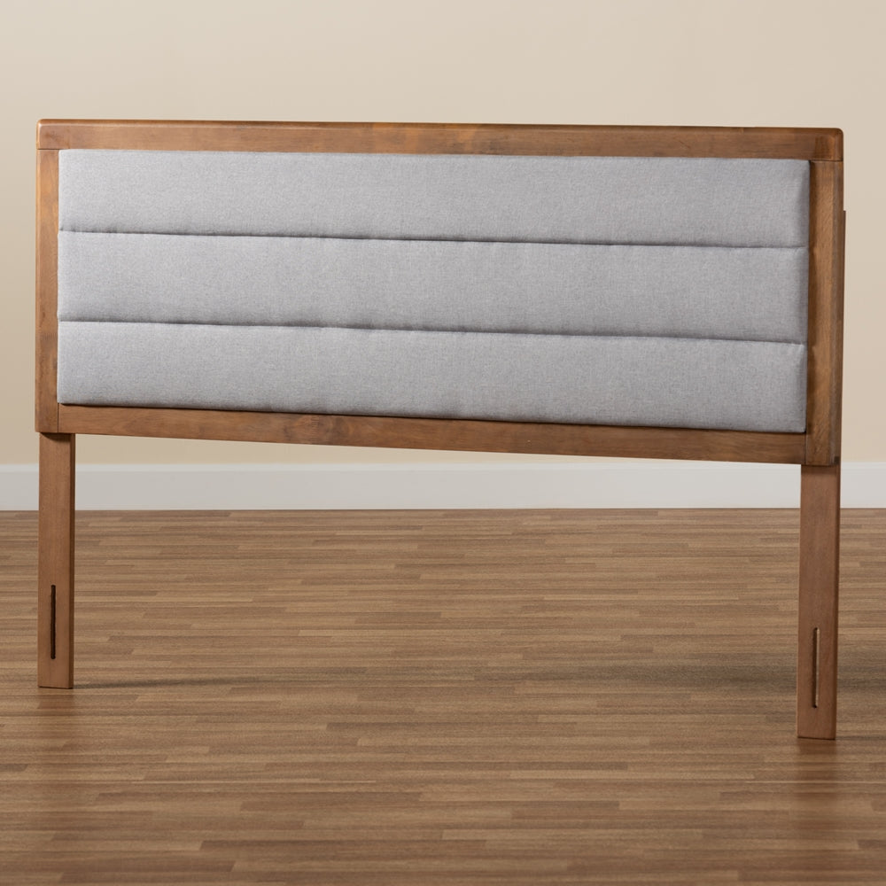 Dexter Modern and Contemporary Light Grey Fabric Upholstered and Walnut Brown Finished Wood King Size Headboard