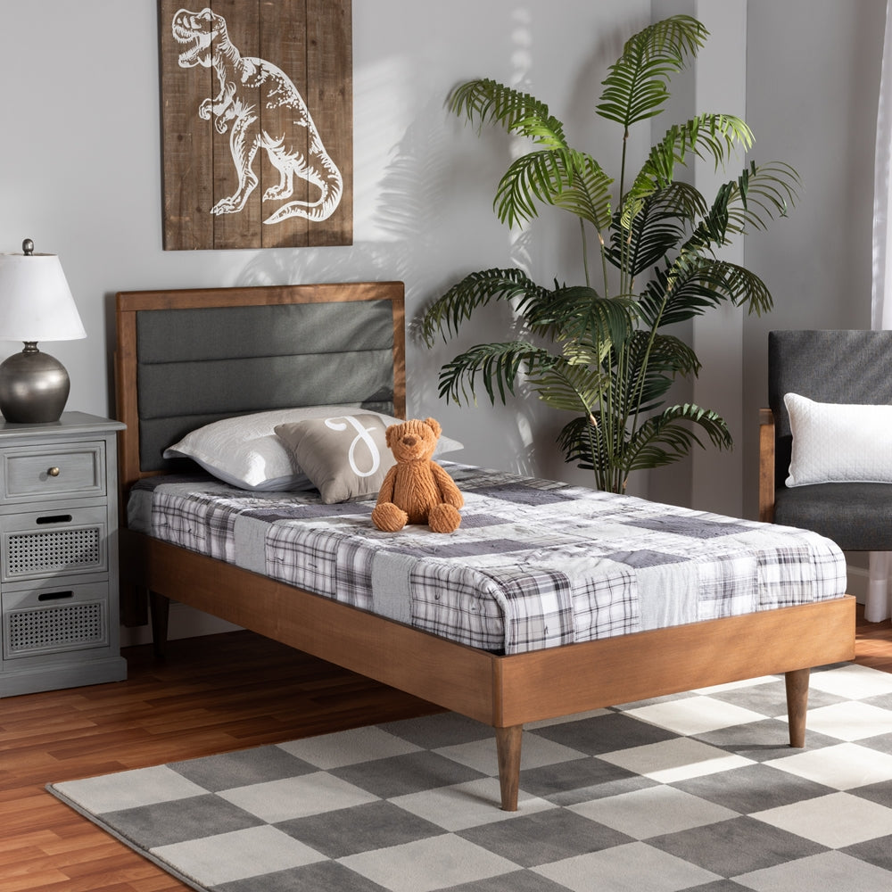 Seren Dark Grey Fabric and Walnut Brown Finished Wood Twin Size Bed