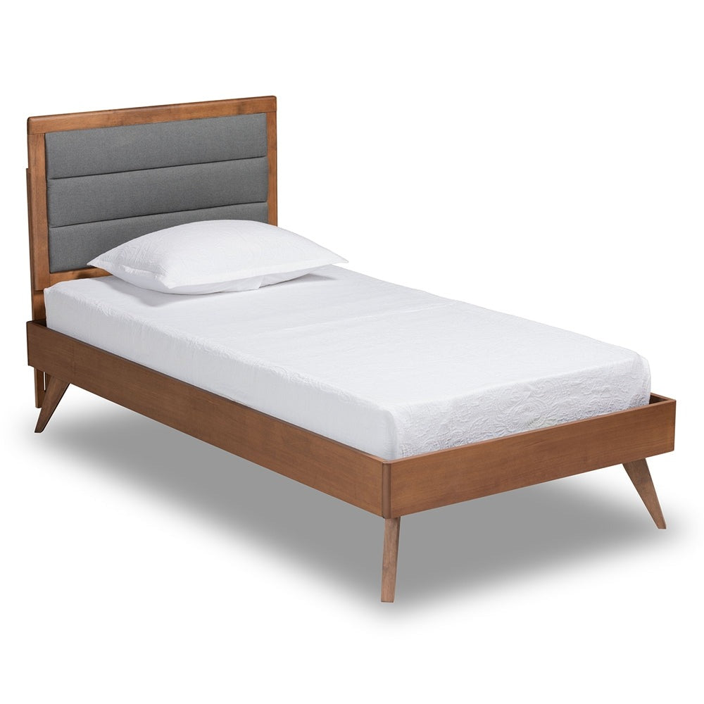 Linn Light Grey Fabric and Walnut Brown Finished Wood Platform Bed