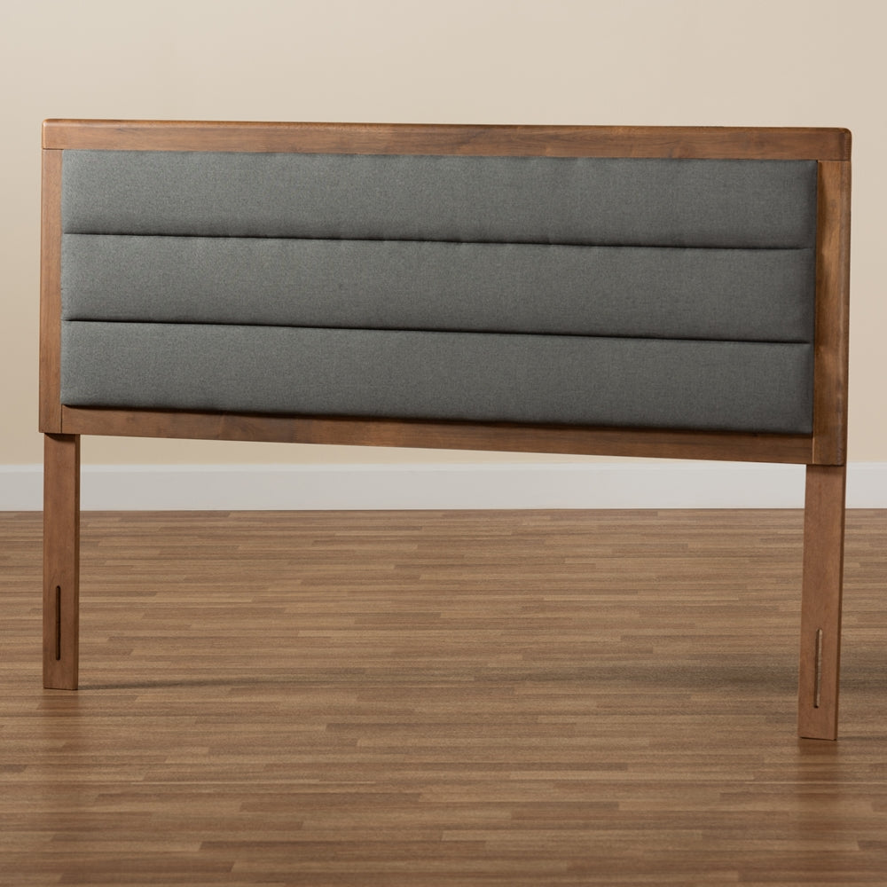 Dexter Modern and Contemporary Dark Grey Fabric Upholstered and Walnut Brown Finished Wood King Size Headboard