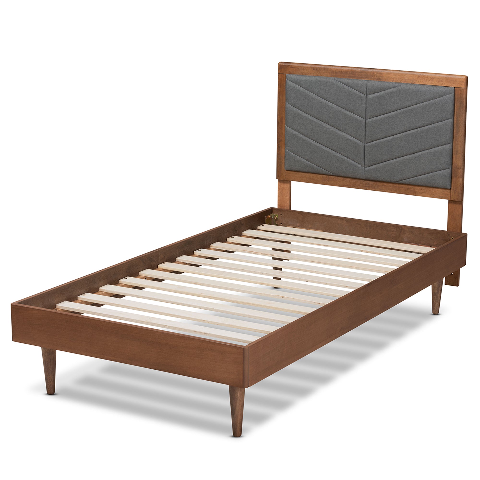 Tasha Mid-Century Modern Dark Grey Fabric Upholstered and Walnut brown Finished Wood Twin Size Platform Bed