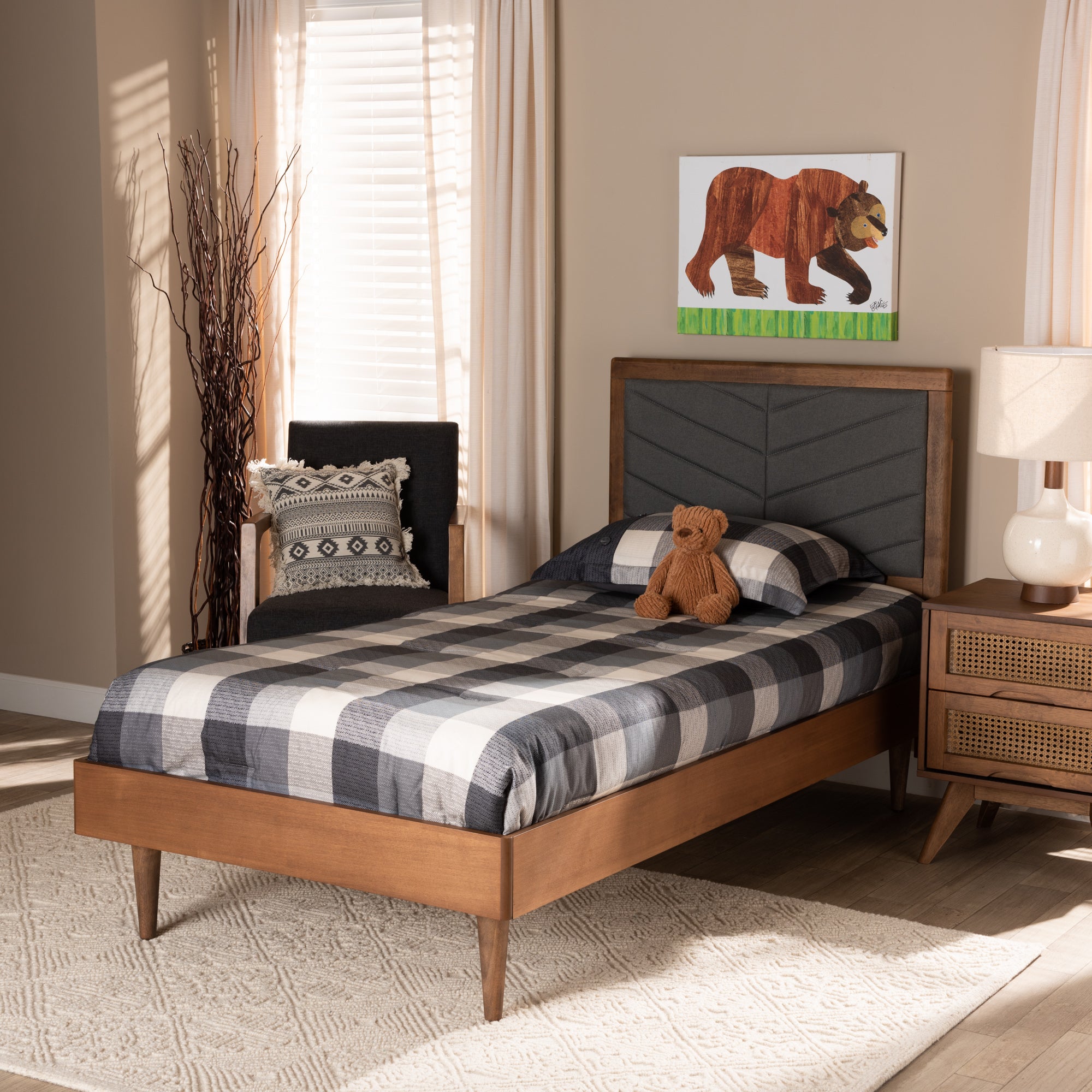 Tasha Mid-Century Modern Dark Grey Fabric Upholstered and Walnut brown Finished Wood Twin Size Platform Bed