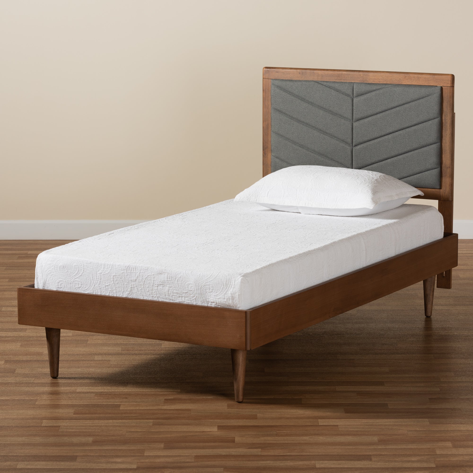 Tasha Mid-Century Modern Dark Grey Fabric Upholstered and Walnut brown Finished Wood Twin Size Platform Bed