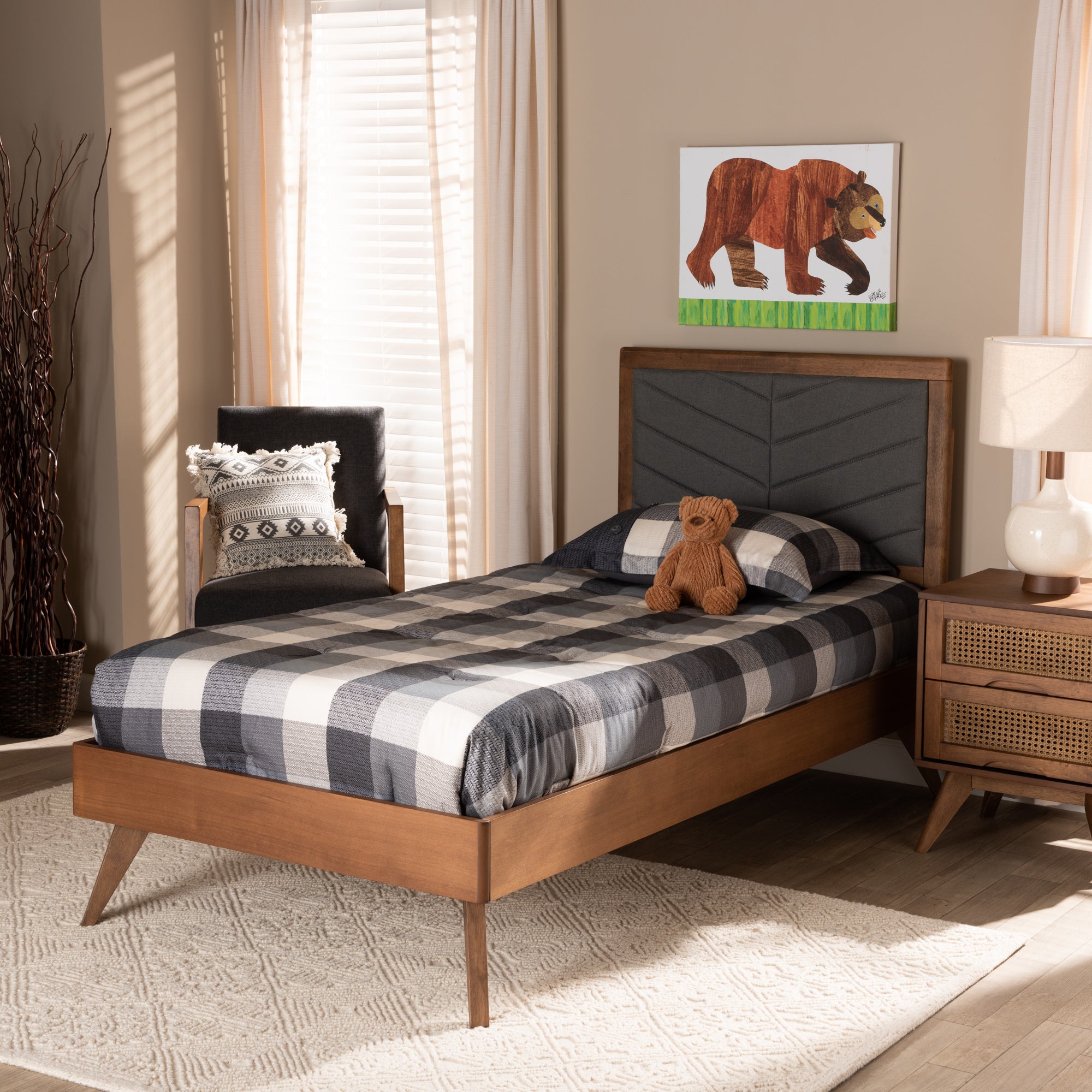 Roze Dark Grey Fabric and Walnut Brown Finished Wood Twin Size Bed