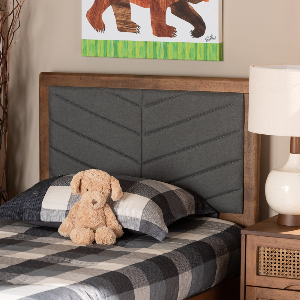 Iden Modern and Contemporary Dark Grey Fabric Upholstered and Walnut Brown Finished Wood Twin Size Headboard
