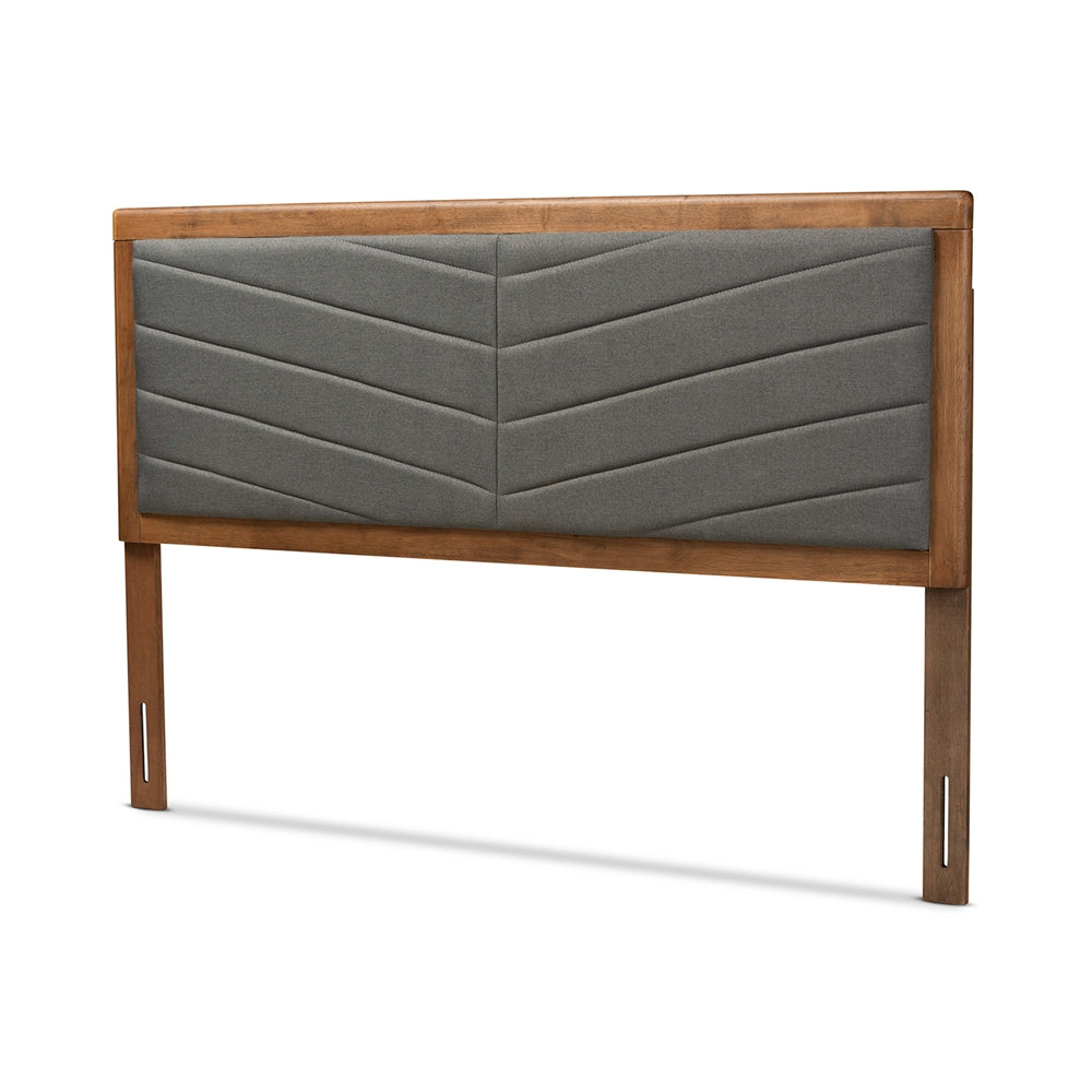 Iden Modern and Contemporary Dark Grey Fabric Upholstered and Walnut Brown Finished Wood Queen Size Headboard