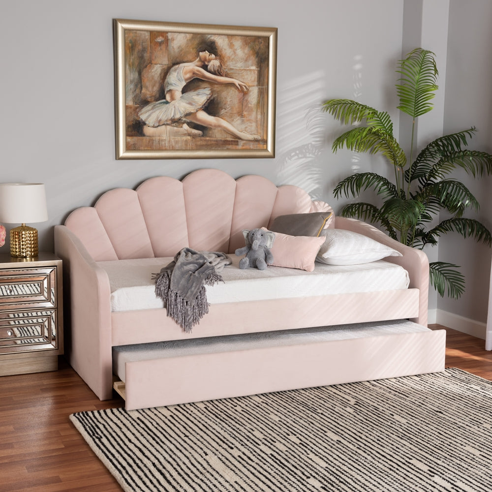 Timila Modern and Contemporary Light Pink Velvet Fabric Upholstered Twin Size Daybed with Trundle