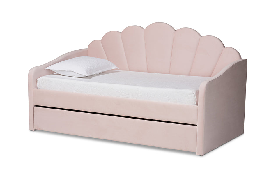 Timila Modern and Contemporary Light Pink Velvet Fabric Upholstered Twin Size Daybed with Trundle
