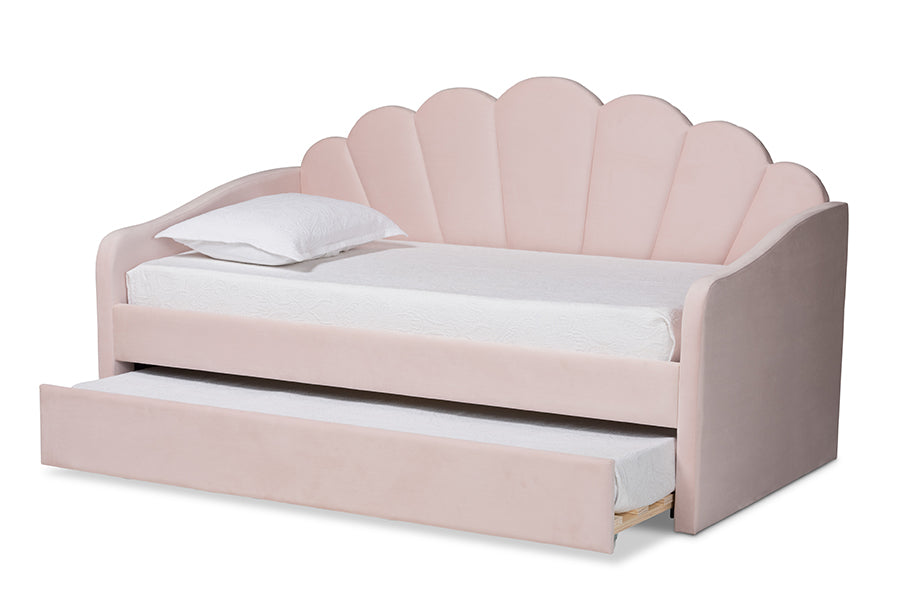 Timila Modern and Contemporary Light Pink Velvet Fabric Upholstered Twin Size Daybed with Trundle