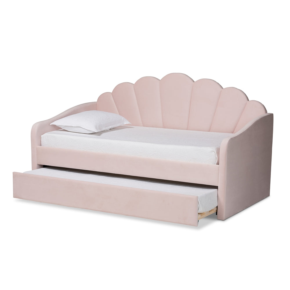 Timila Modern and Contemporary Light Pink Velvet Fabric Upholstered Full Size Daybed with Trundle
