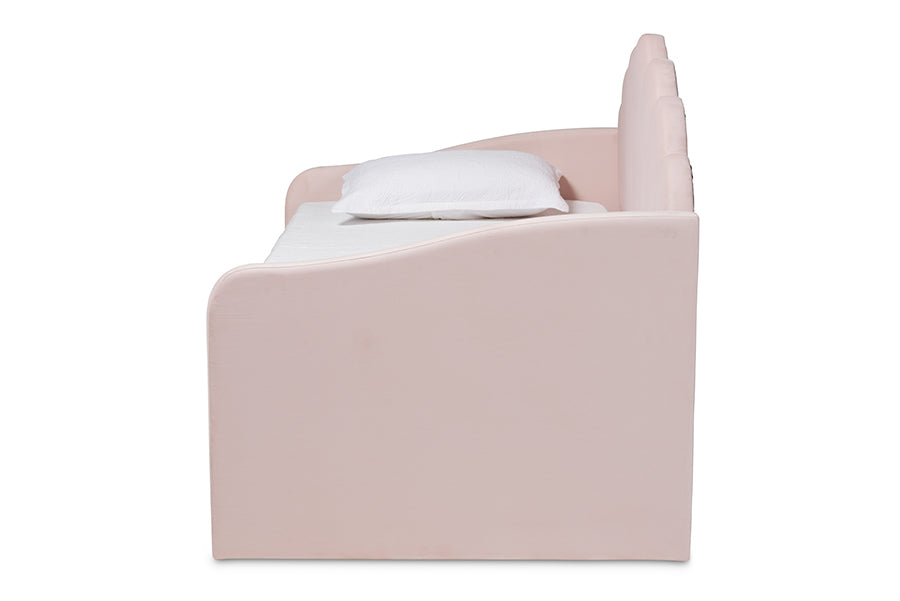 Timila Modern and Contemporary Light Pink Velvet Fabric Upholstered Twin Size Daybed with Trundle
