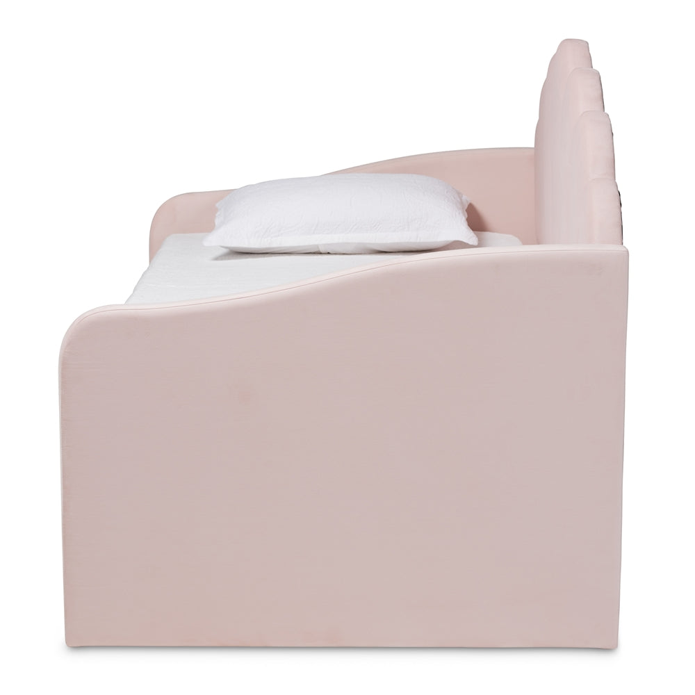 Timila Modern and Contemporary Light Pink Velvet Fabric Upholstered Twin Size Daybed with Trundle