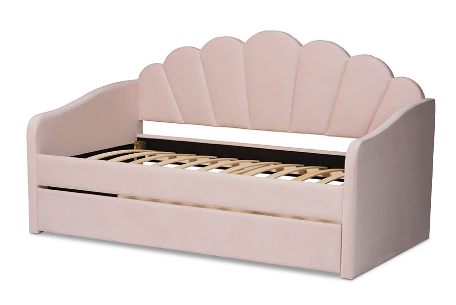 Timila Modern and Contemporary Light Pink Velvet Fabric Upholstered Twin Size Daybed with Trundle