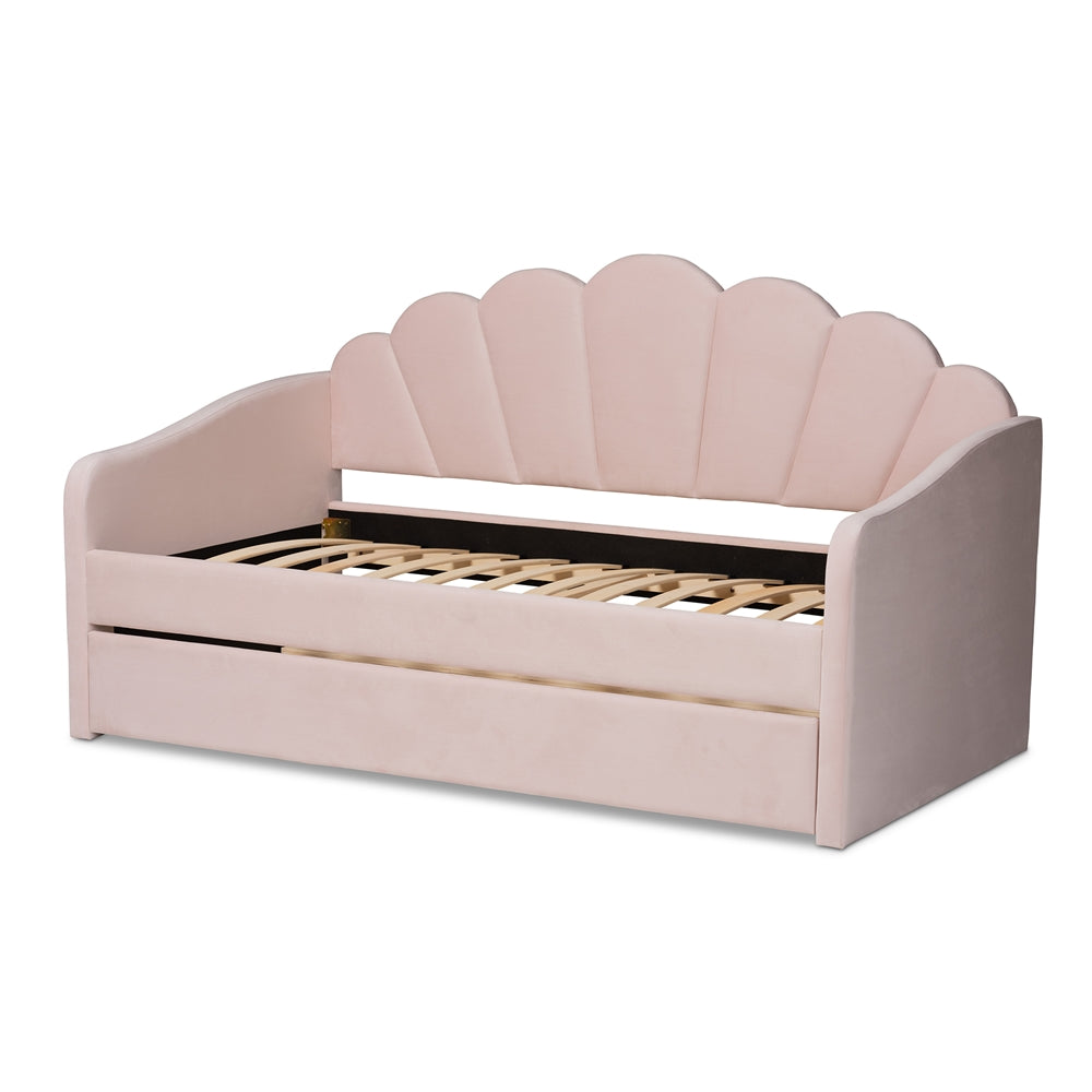 Timila Modern and Contemporary Light Pink Velvet Fabric Upholstered Full Size Daybed with Trundle