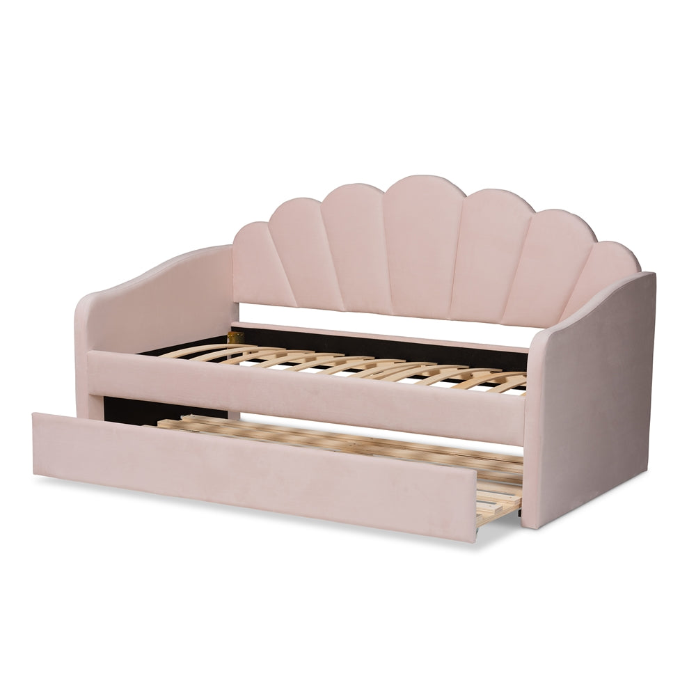 Timila Modern and Contemporary Light Pink Velvet Fabric Upholstered Twin Size Daybed with Trundle