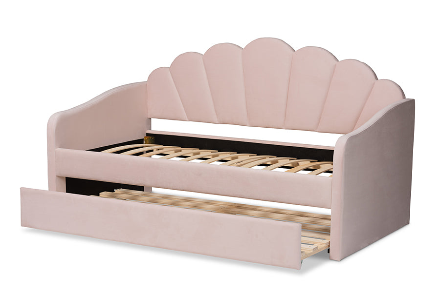 Timila Modern and Contemporary Light Pink Velvet Fabric Upholstered Twin Size Daybed with Trundle