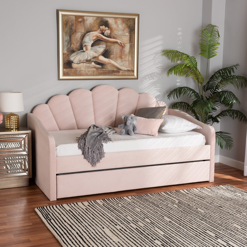 Timila Modern and Contemporary Light Pink Velvet Fabric Upholstered Twin Size Daybed with Trundle