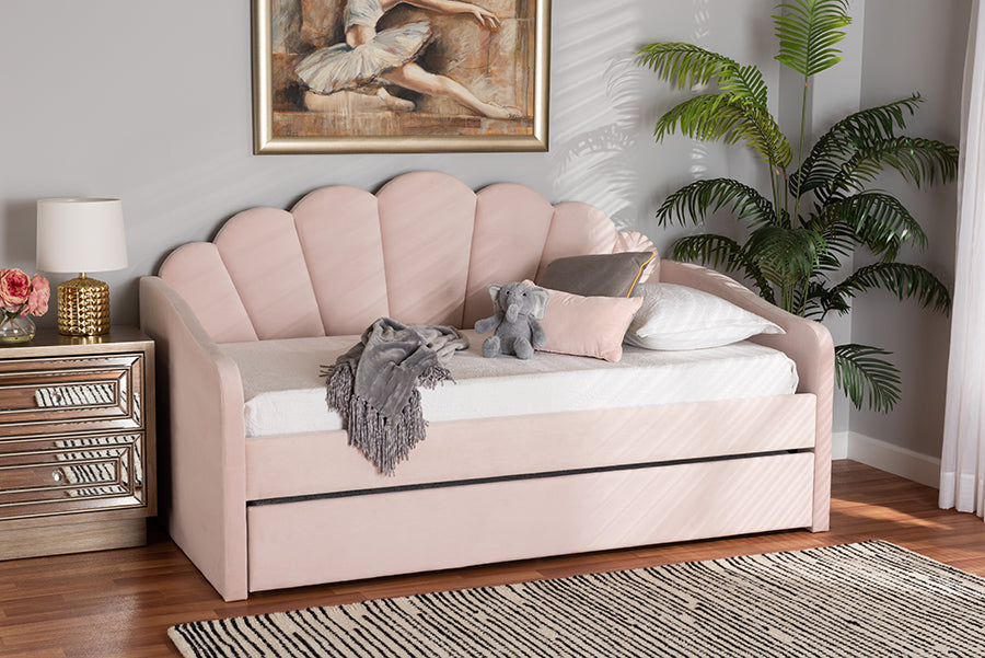 Timila Modern and Contemporary Light Pink Velvet Fabric Upholstered Twin Size Daybed with Trundle