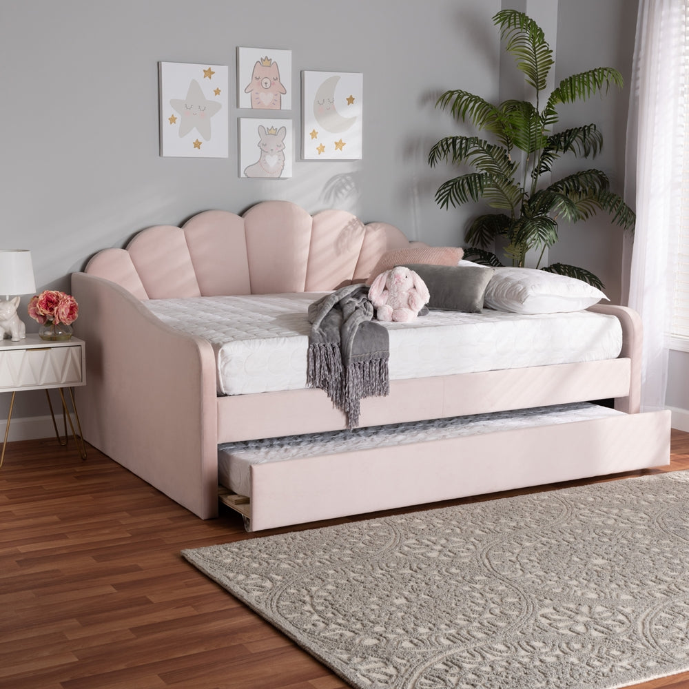 Timila Modern and Contemporary Light Pink Velvet Fabric Upholstered Queen Size Daybed with Trundle