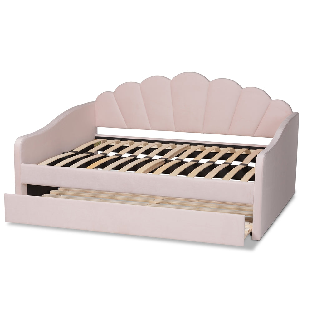 Timila Modern and Contemporary Light Pink Velvet Fabric Upholstered Queen Size Daybed with Trundle