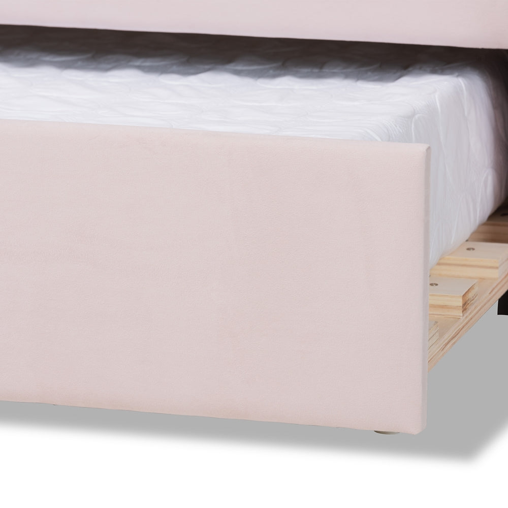 Timila Modern and Contemporary Light Pink Velvet Fabric Upholstered Queen Size Daybed with Trundle