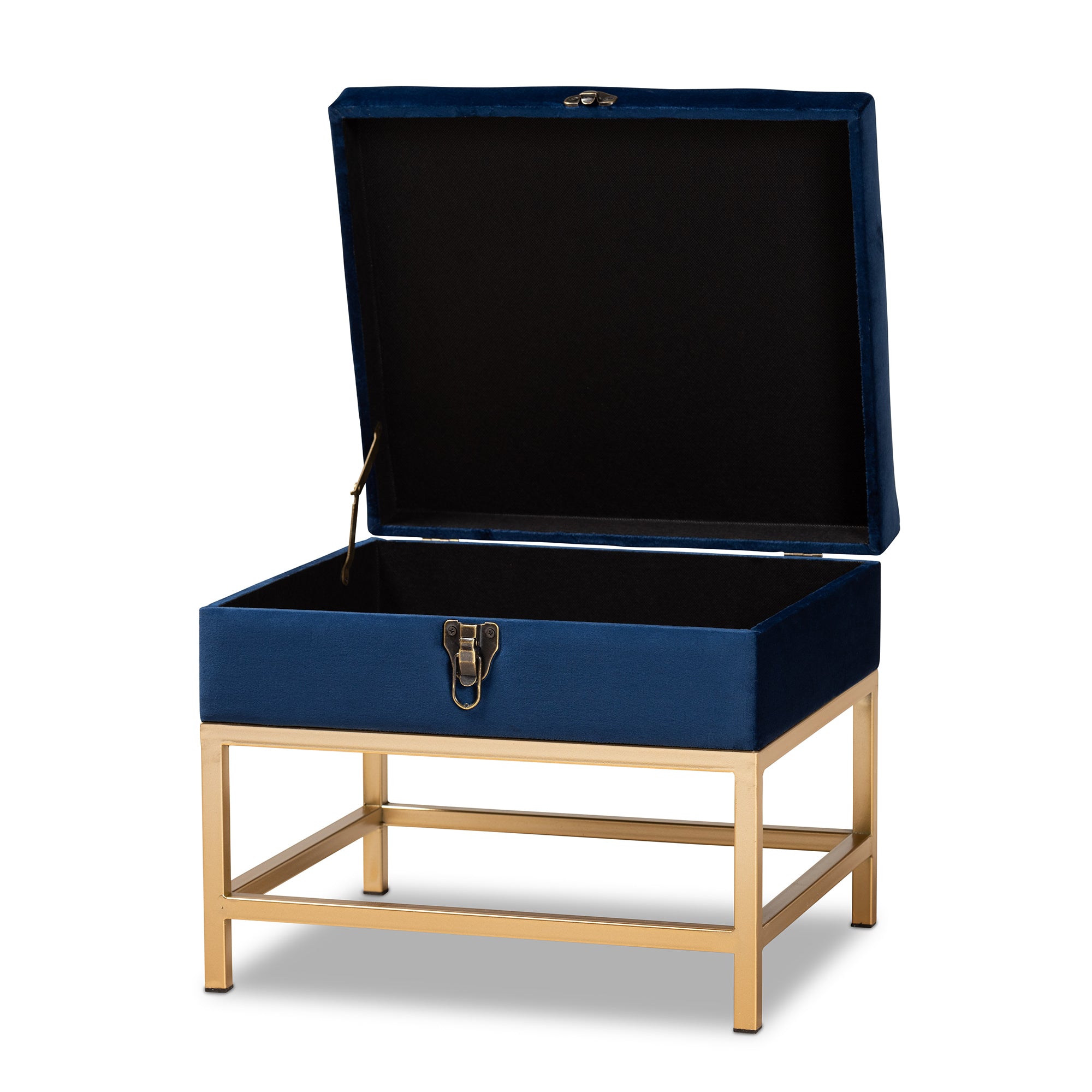 Aliana  and  Navy Blue Velvet Fabric Upholstered and Gold Finished Metal Small Storage Ottoman