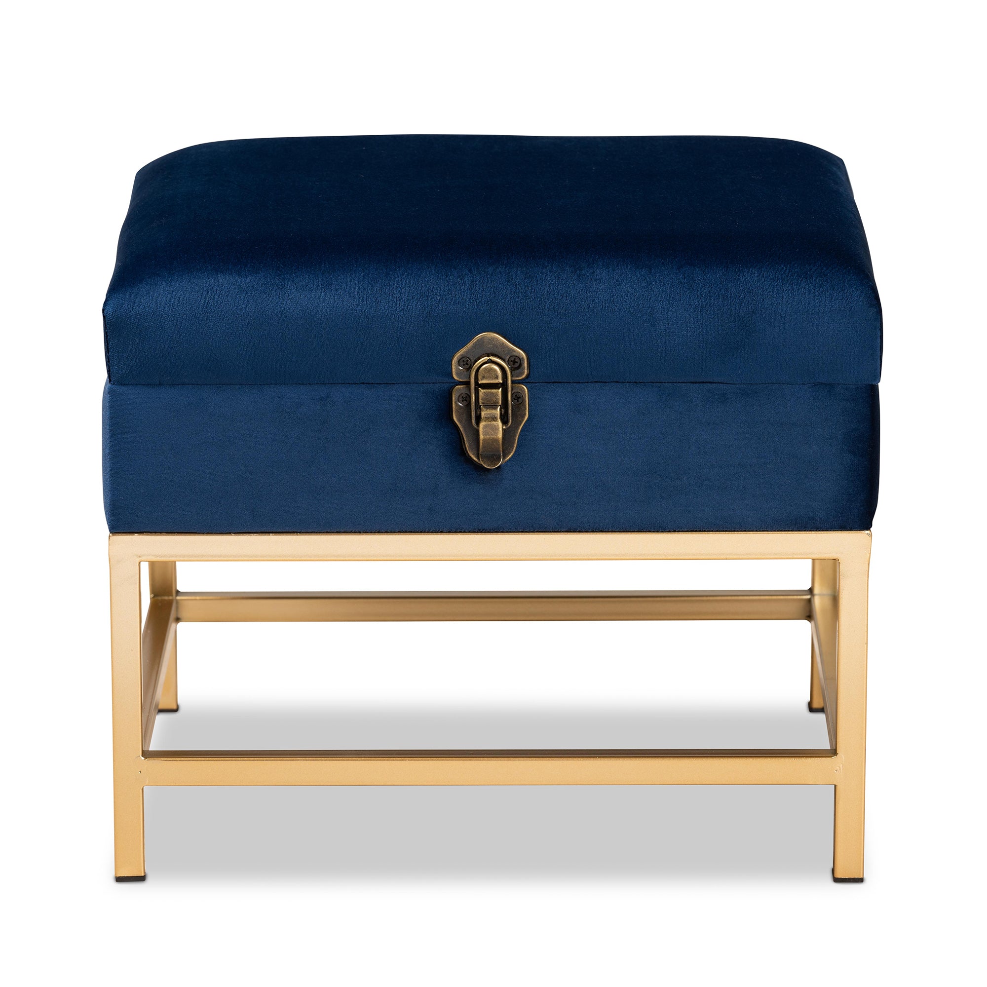 Aliana  and  Navy Blue Velvet Fabric Upholstered and Gold Finished Metal Small Storage Ottoman