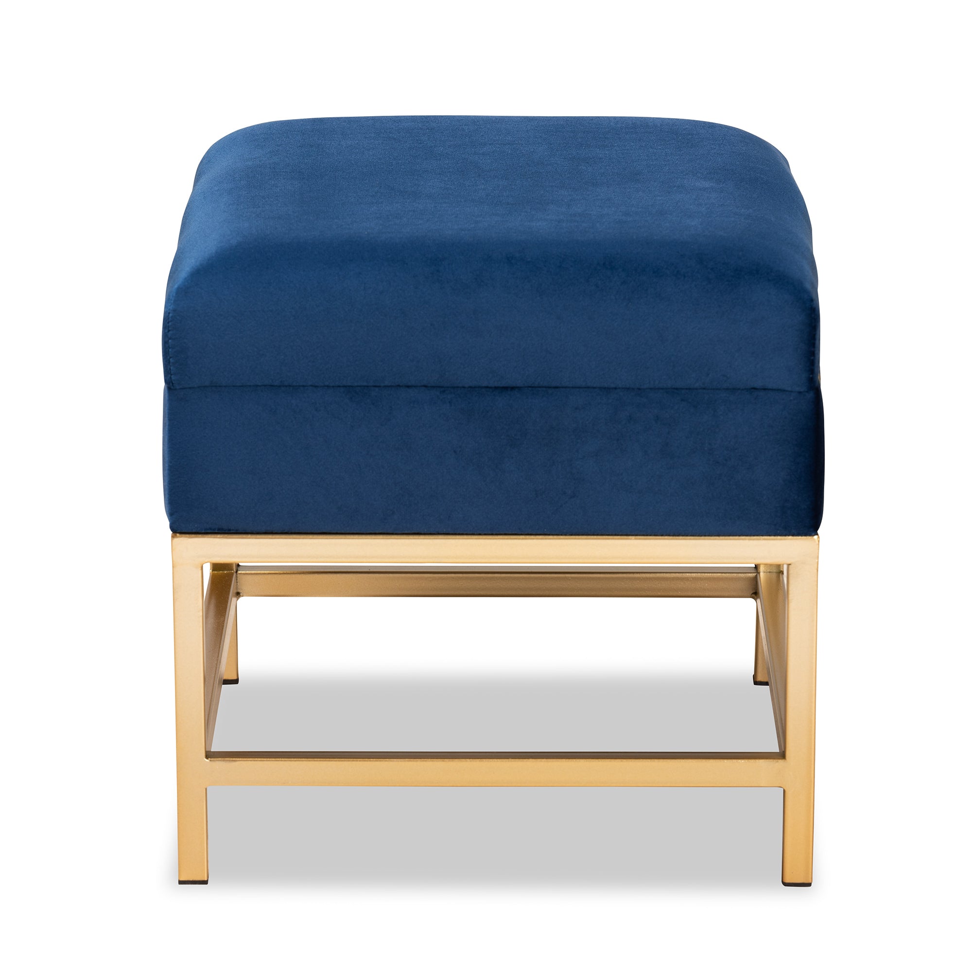 Aliana  and  Navy Blue Velvet Fabric Upholstered and Gold Finished Metal Small Storage Ottoman