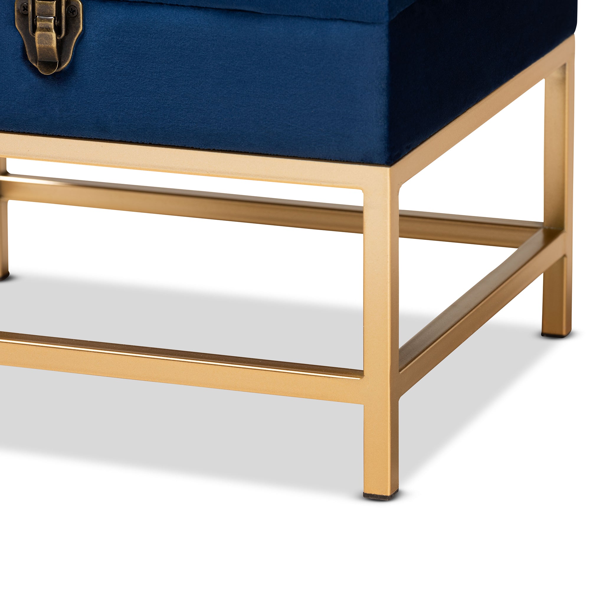 Aliana  and  Navy Blue Velvet Fabric Upholstered and Gold Finished Metal Small Storage Ottoman