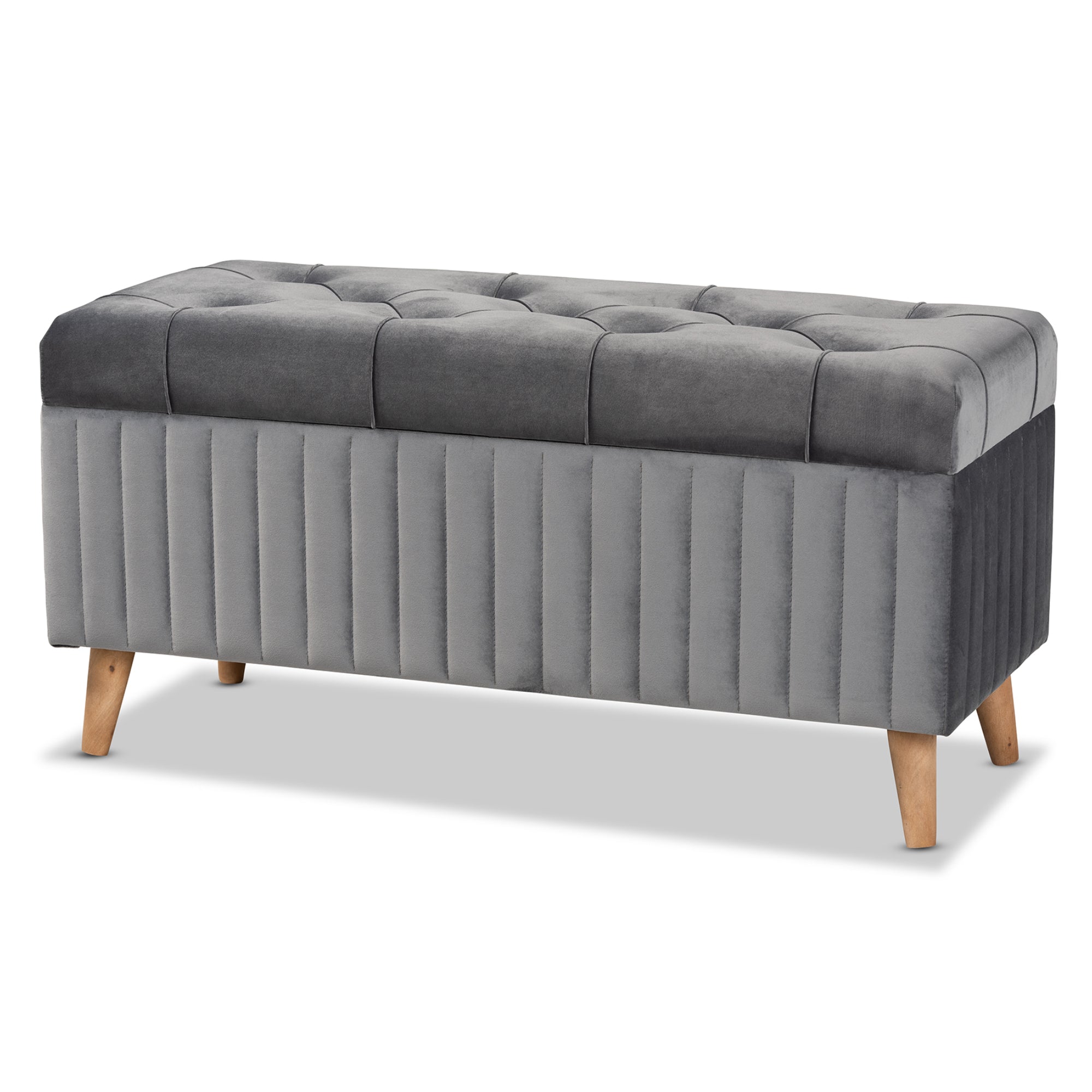 Hanley Modern and Contemporary Grey Velvet Fabric Upholstered and Walnut Brown Finished Wood Storage Ottoman