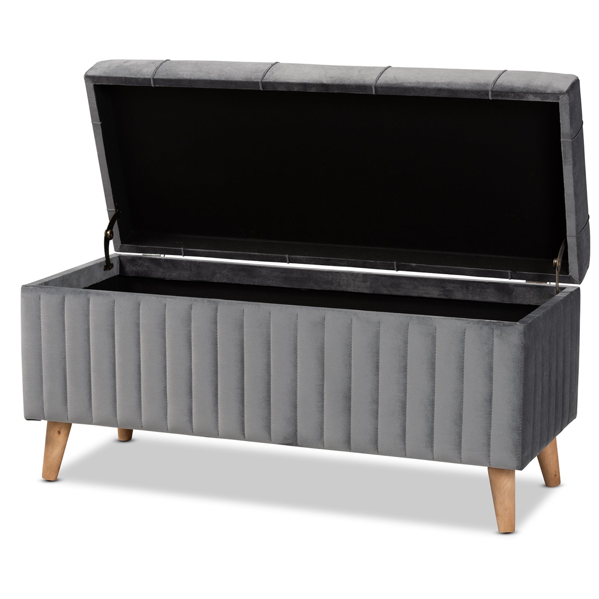 Hanley Modern and Contemporary Grey Velvet Fabric Upholstered and Walnut Brown Finished Wood Storage Ottoman