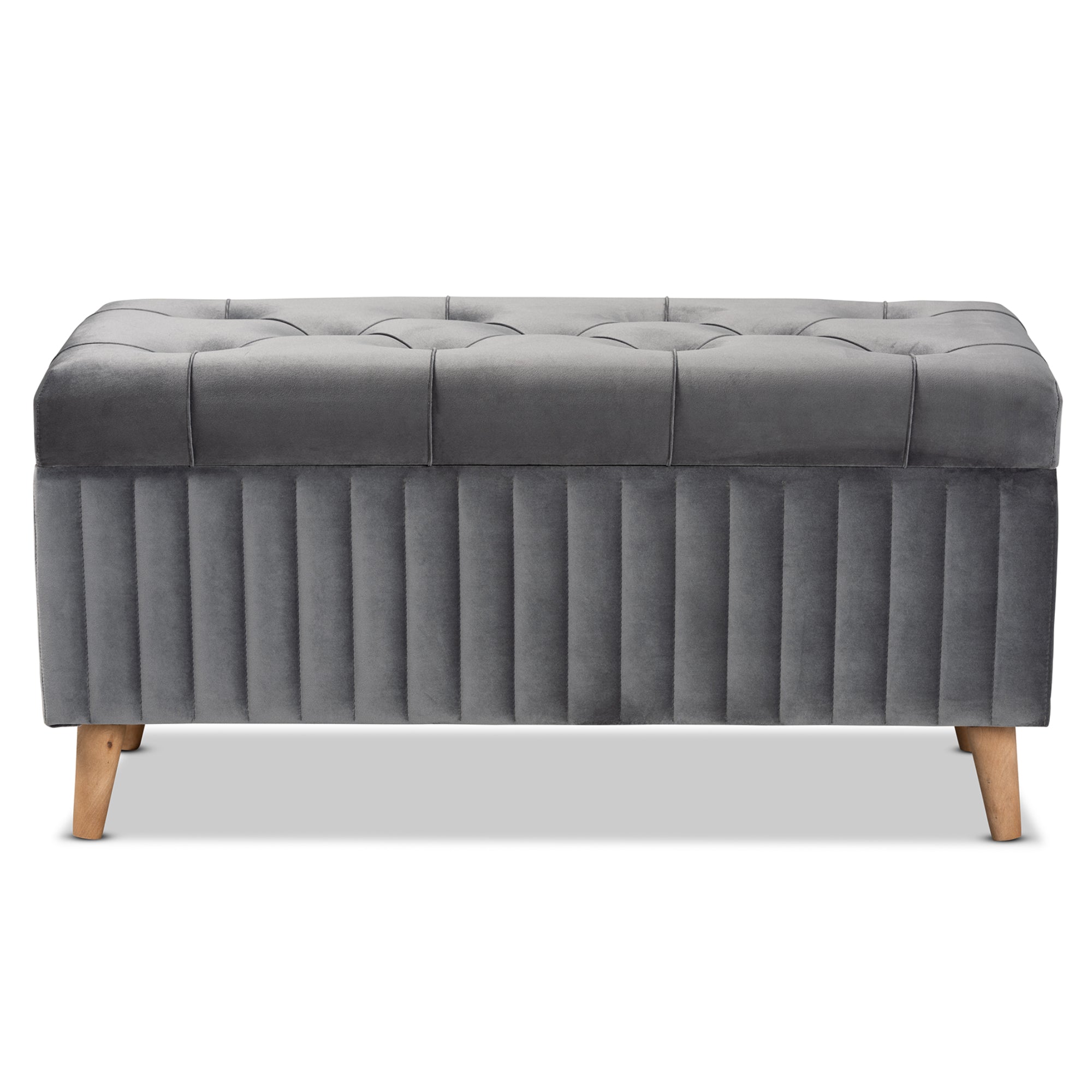 Hanley Modern and Contemporary Grey Velvet Fabric Upholstered and Walnut Brown Finished Wood Storage Ottoman