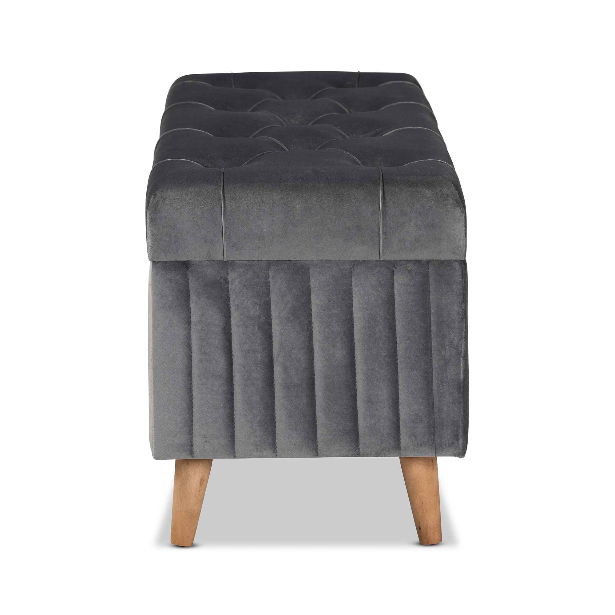 Hanley Modern and Contemporary Grey Velvet Fabric Upholstered and Walnut Brown Finished Wood Storage Ottoman