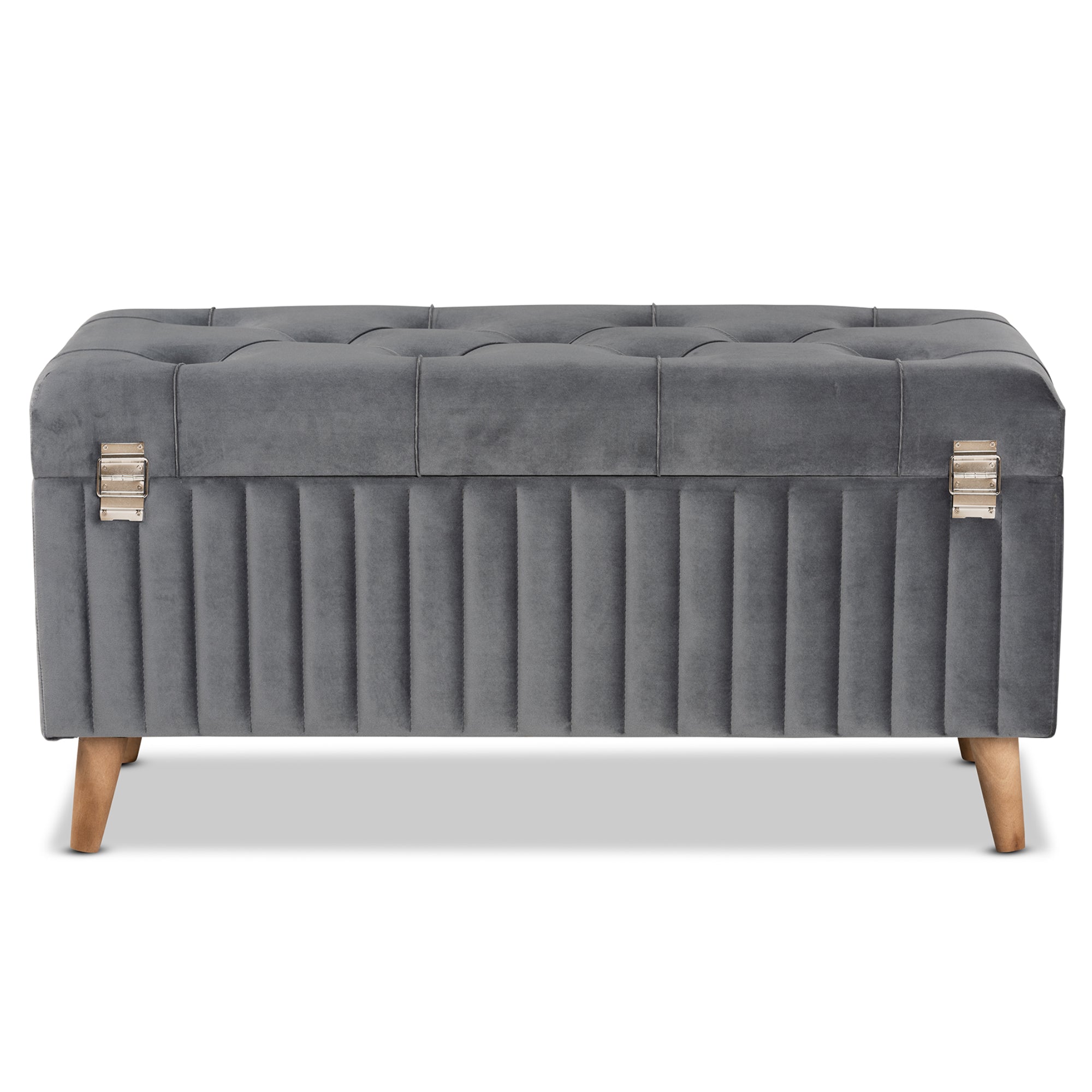 Hanley Modern and Contemporary Grey Velvet Fabric Upholstered and Walnut Brown Finished Wood Storage Ottoman