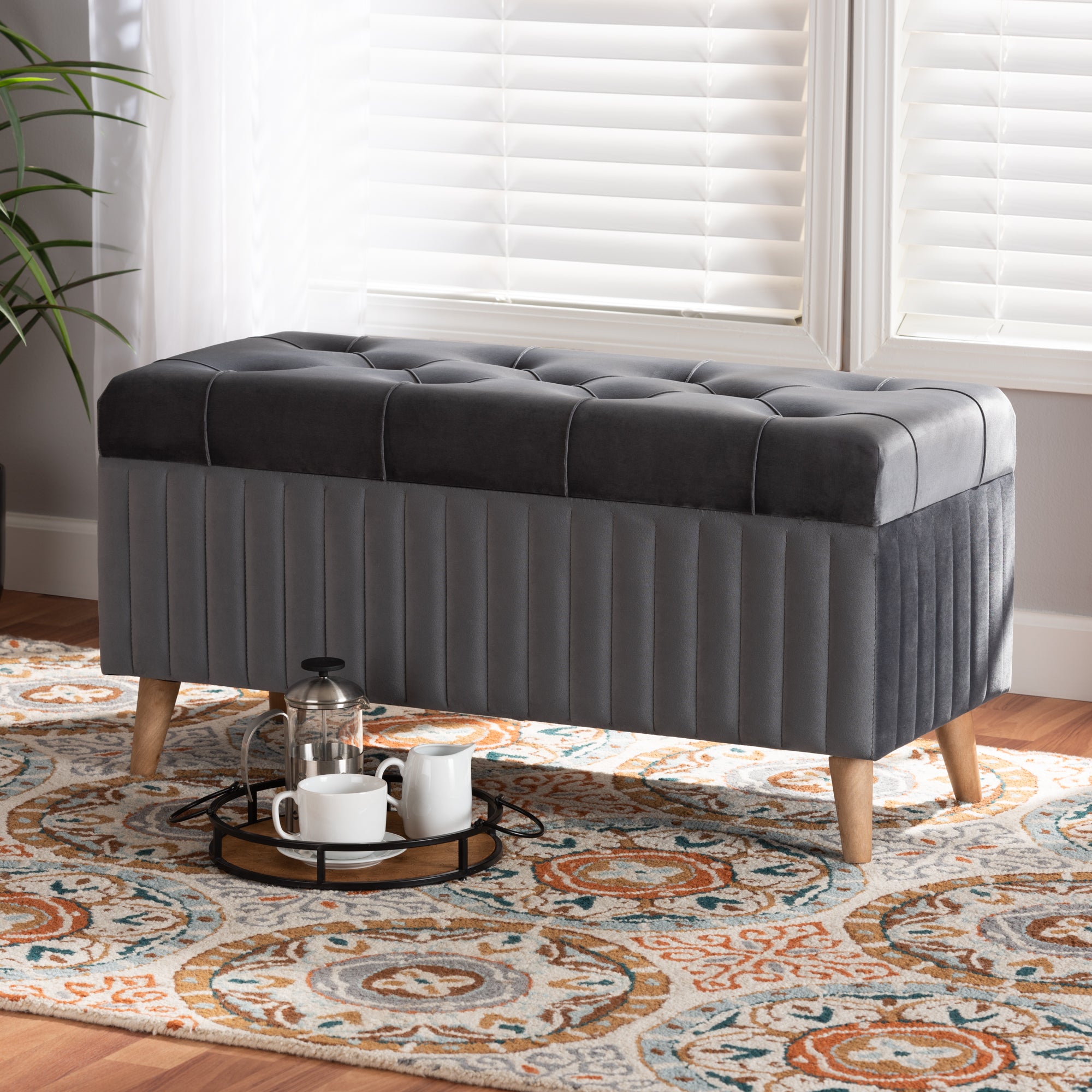 Hanley Modern and Contemporary Grey Velvet Fabric Upholstered and Walnut Brown Finished Wood Storage Ottoman