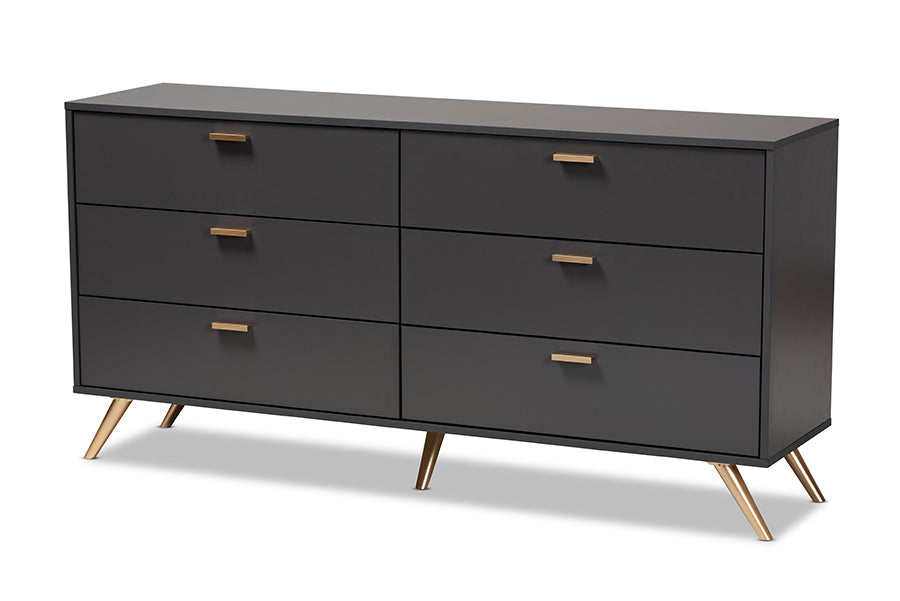 Kelson Modern and Contemporary Dark Grey and Gold Finished Wood 6-Drawer Dresser