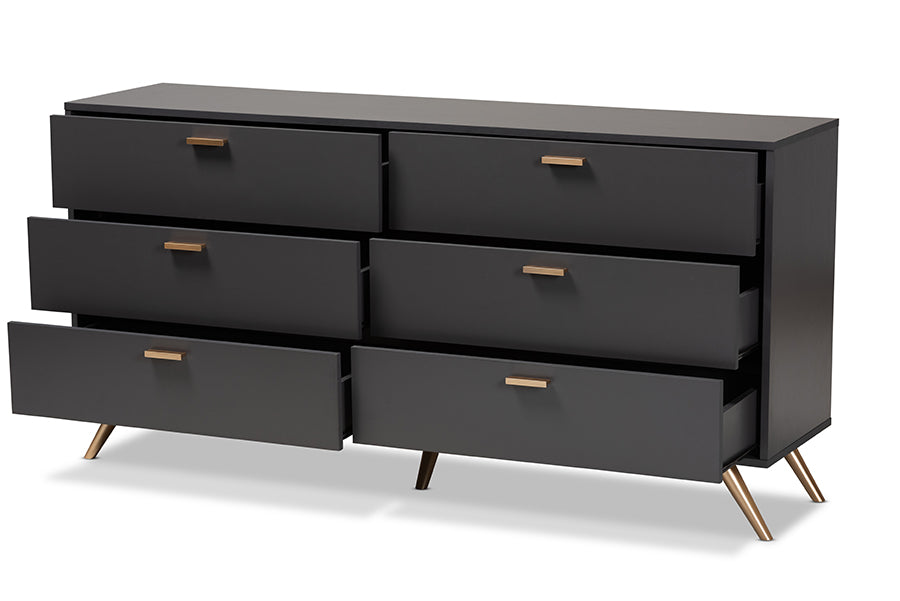 Kelson Modern and Contemporary Dark Grey and Gold Finished Wood 6-Drawer Dresser