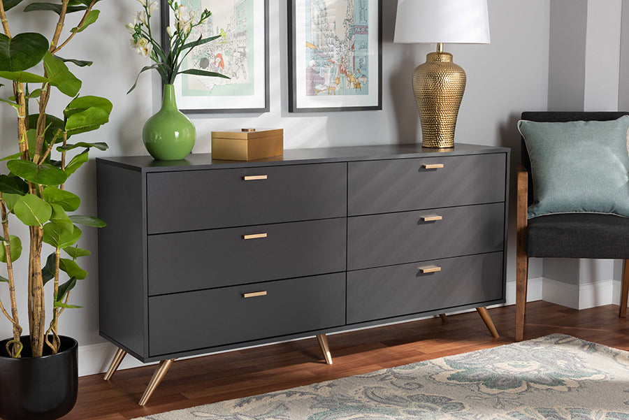 Kelson Modern and Contemporary Dark Grey and Gold Finished Wood 6-Drawer Dresser