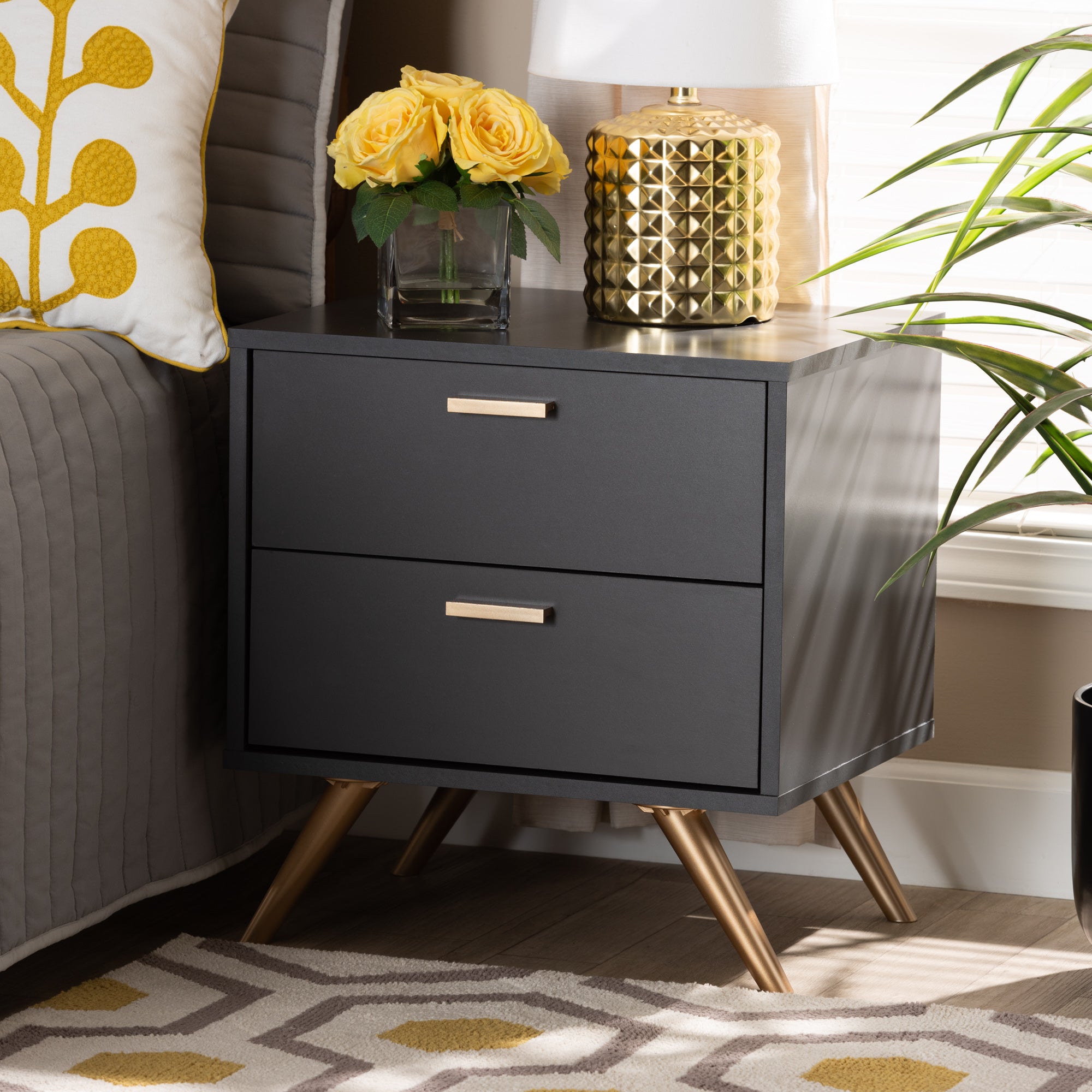 Kelson Modern and Contemporary Dark Grey and Gold Finished Wood 2-Drawer Nightstand