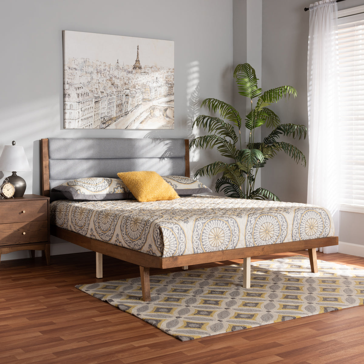 Grey Fabric Upholstered And Walnut Brown Finished Wood Full Size Platform Bed
