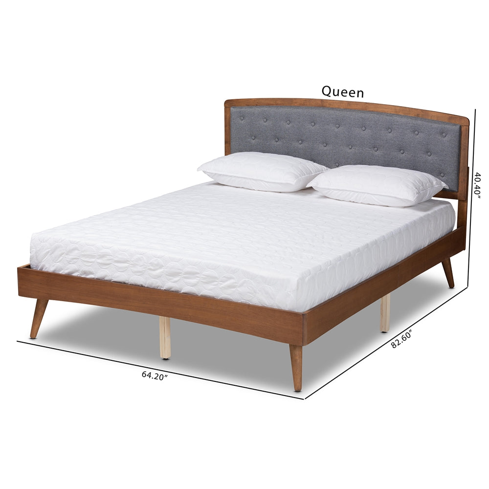 Ratana Grey Fabric Upholstered And Walnut Brown Finished Wood Queen Size Platform Bed