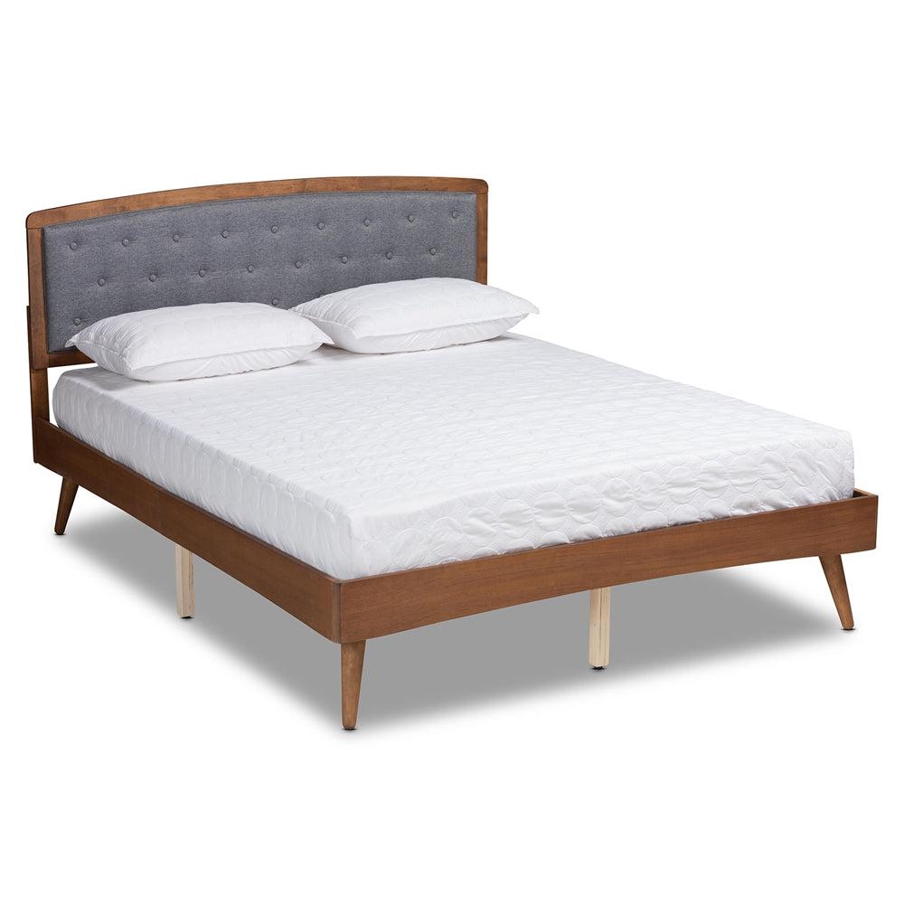 Ratana Grey Fabric Upholstered And Walnut Brown Finished Wood Queen Size Platform Bed